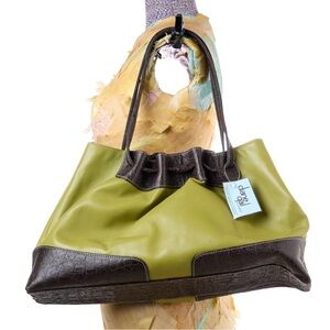 Daniel Gail Olive Green Leather Tote Brown Croc Embossed Trim